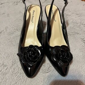 Pierre Dumas Glossy Black Floral Slingbacks